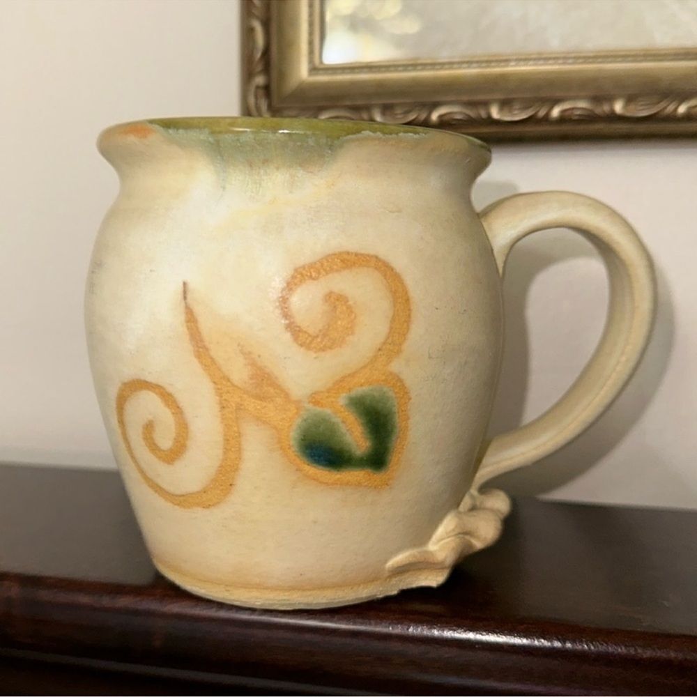 Vintage Stoneware Handmade Painted Beige Green Teal Blue Mug